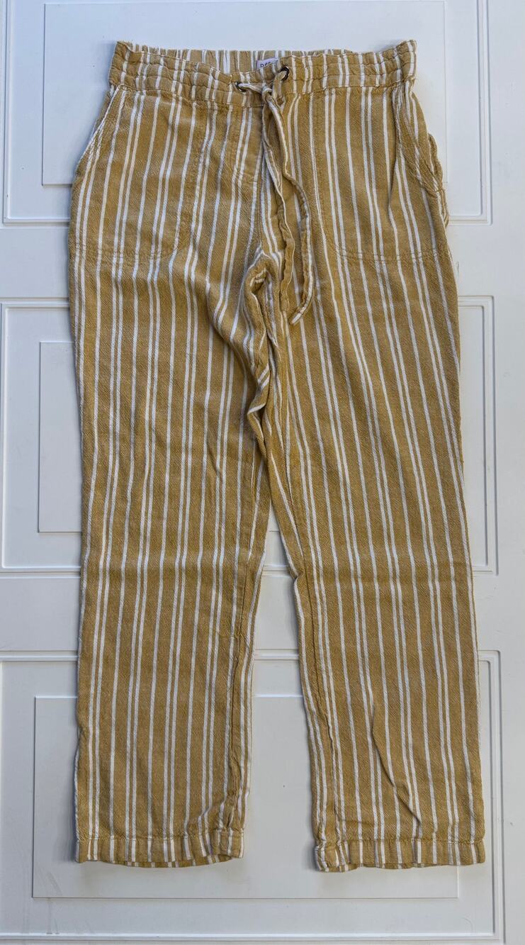 Per Se Women Sz M Yellow Striped Linen Rayon Blend Straight Leg Drawstring Pants